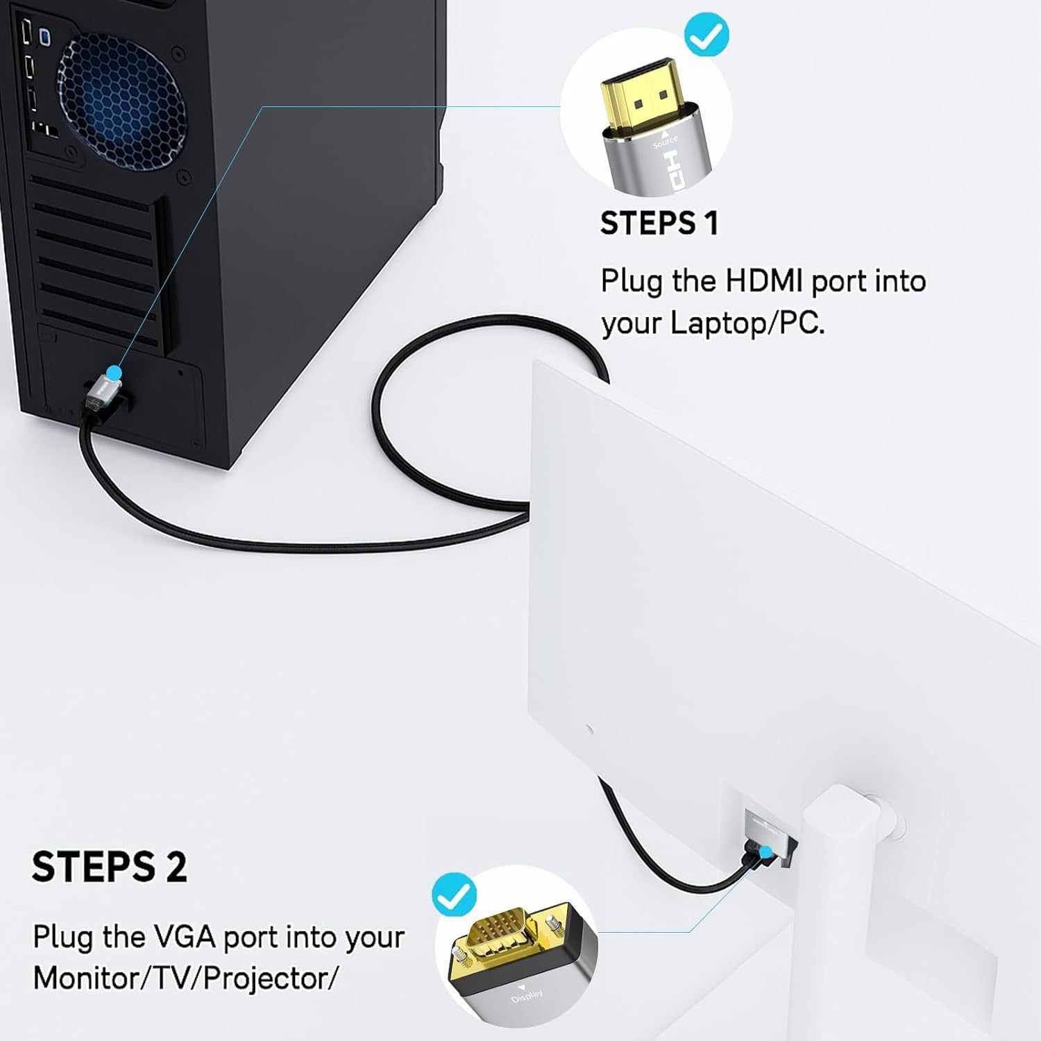 HDMI to VGA Adapter Cable 6FT [Metal Case, PVC Cable] 1080P@60Hz HDMI Male to VGA Male Uni-Directional  for Computer, Laptop, Monitor, Roku, Xbox, Graphics Card More---AV51-D-1.8