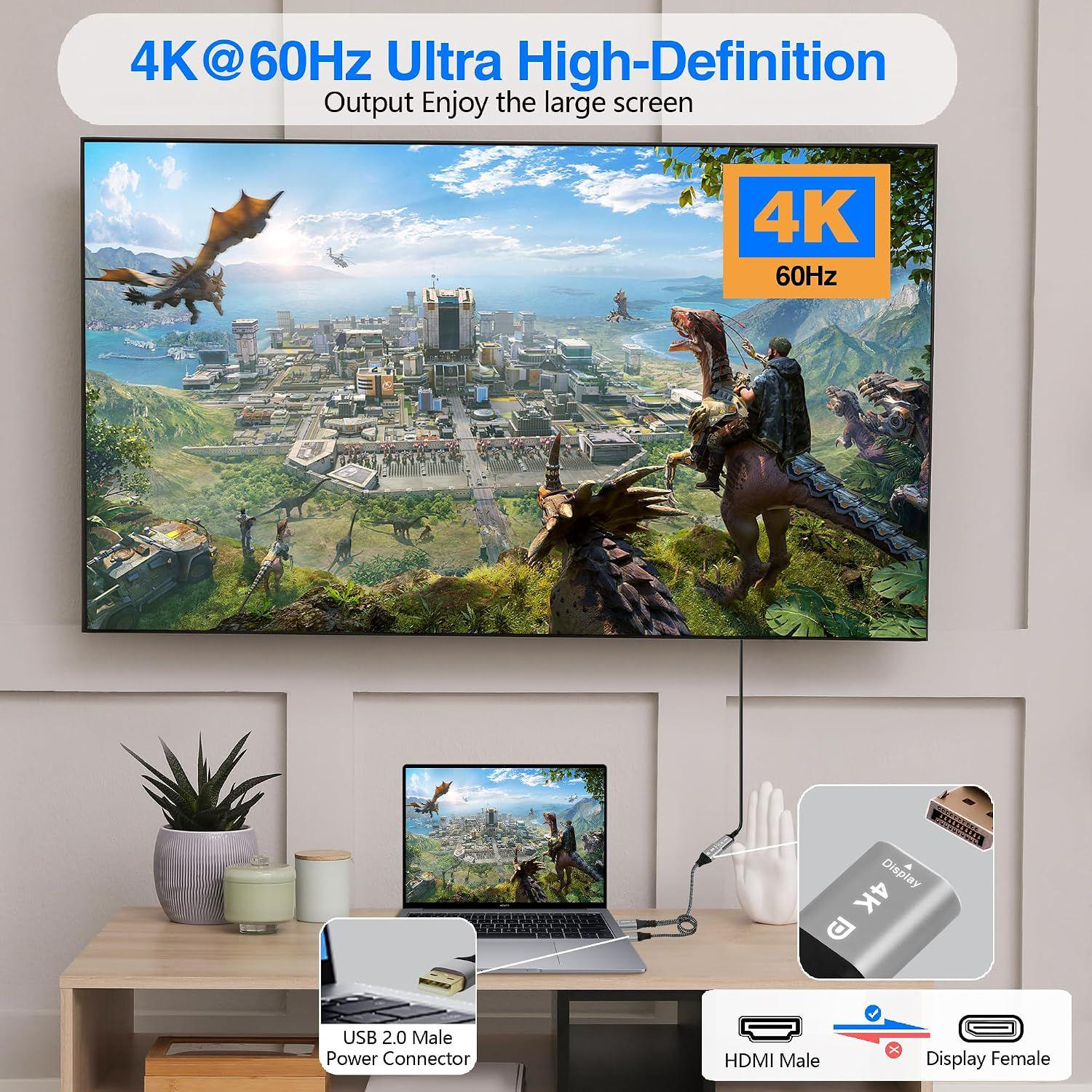 HDMI to DisplayPort Adapter with USB Power 4K@60HZ Converter Unidirectional HDMI Source to DP Display HDR Compatible with Laptop,AMD,NVIDIA,PS5,Xbox and More--AV01-E-0.25-SY