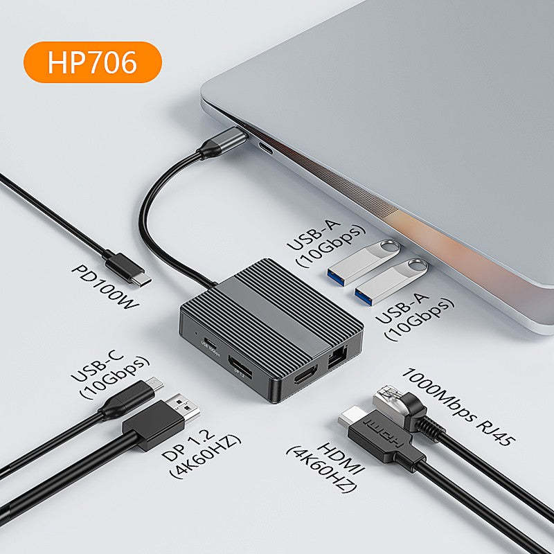 7 IN 1 USB-C HUB Adapter,Type C Laptop Docking Station with USB-A 10Gbps 4K 60Hz HDTV 1000M RJ45 Ethernet PD 100WFast Charging Converter-UH07-16-A