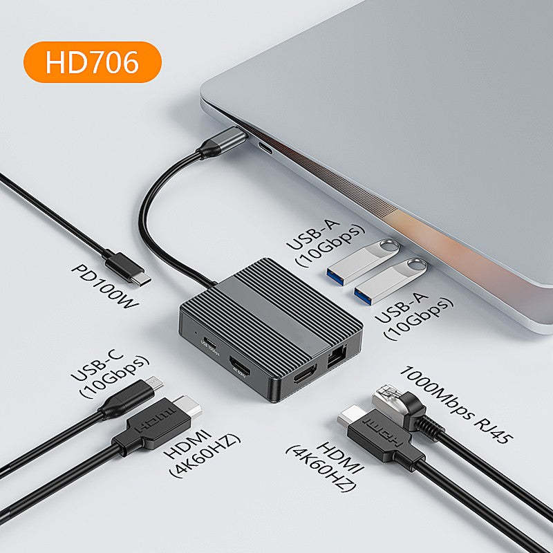 7 IN 1 USB-C HUB Adapter,Type C Laptop Docking Station with USB-A 10Gbps 4K 60Hz HDTV 1000M RJ45 Ethernet PD 100WFast Charging Converter-UH07-16-A