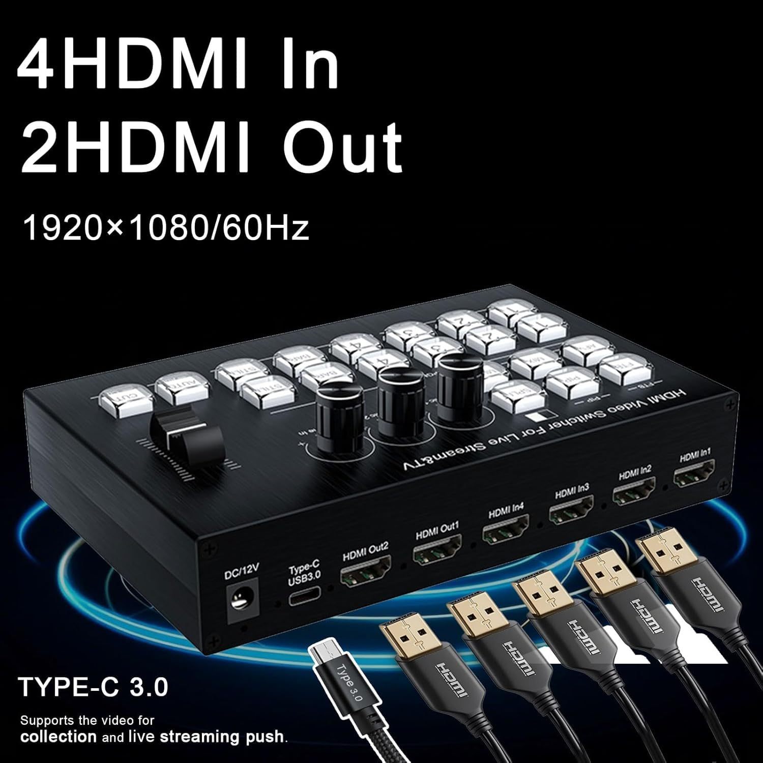 4 Channels SDI/HDMI Video switcher for Live Streaming Support HD Embedded Audio and External Analog Audio, Video switcher for Live Streaming 4 in 2 Out HDMI Video switcher