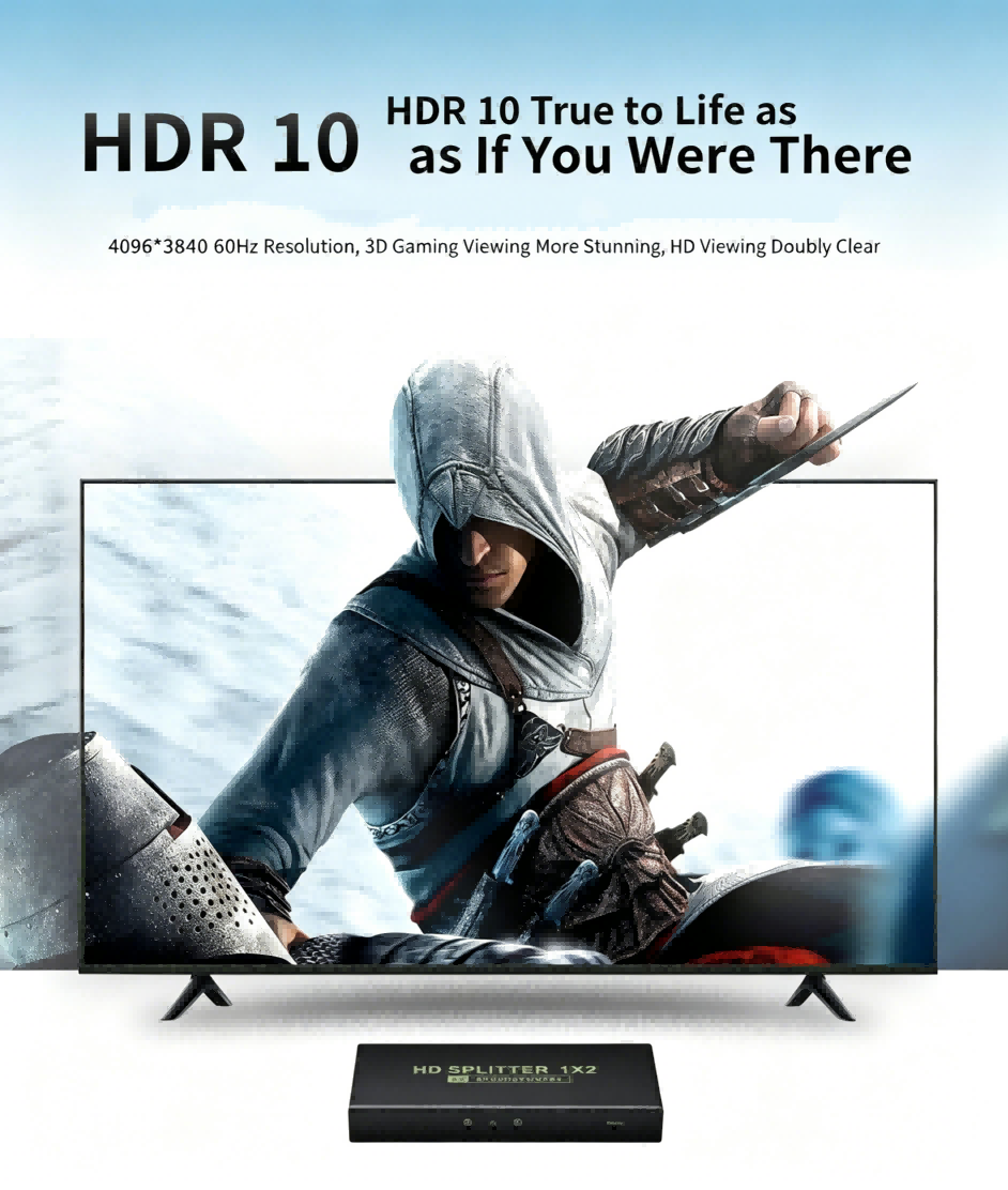 HDMI Splitter 1 in 2 Out,up to 4K @ 60Hz YUV444,Multi Resolution Output,HDMI 2.0& HDCP 2.2,EDID Control,3D CEC Support,18 Gbps, Easy Plug and Play,0℃ to +40℃----EX-XHV102