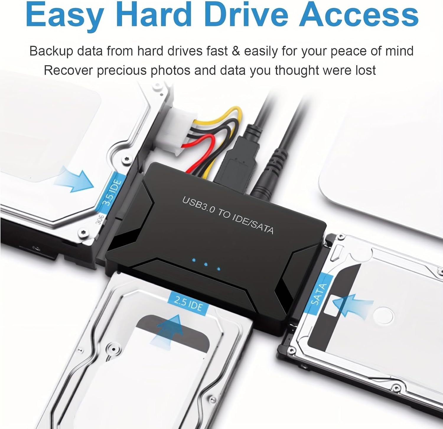 Hard Drive Reader USB 3.0 & Type C to SATA IDE Adapter, Data Transfer Kit Recovery Converter with 12V/2A Power for 2.5"/3.5" SATA/IDE HDD SSD Hard Disk Internal Blu-ray Drive, up to 20TB--ST01