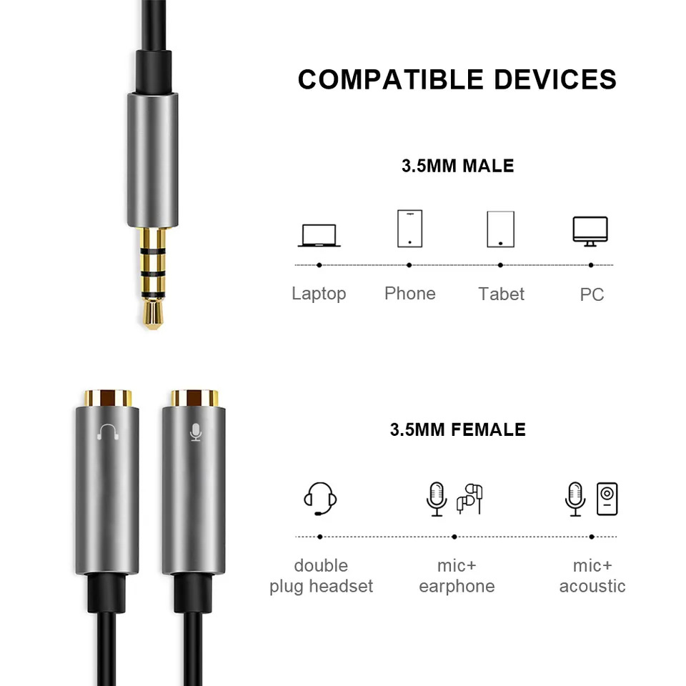 QGeeM Headphone Splitter 3.5mm 2 Female to 1 Male Mic and Audio Y Splitter TRRS Headset Adapter Cable Stereo Compatible with Laptop PS4 Xbox PC Phone Tablet Gaming---AU07-A