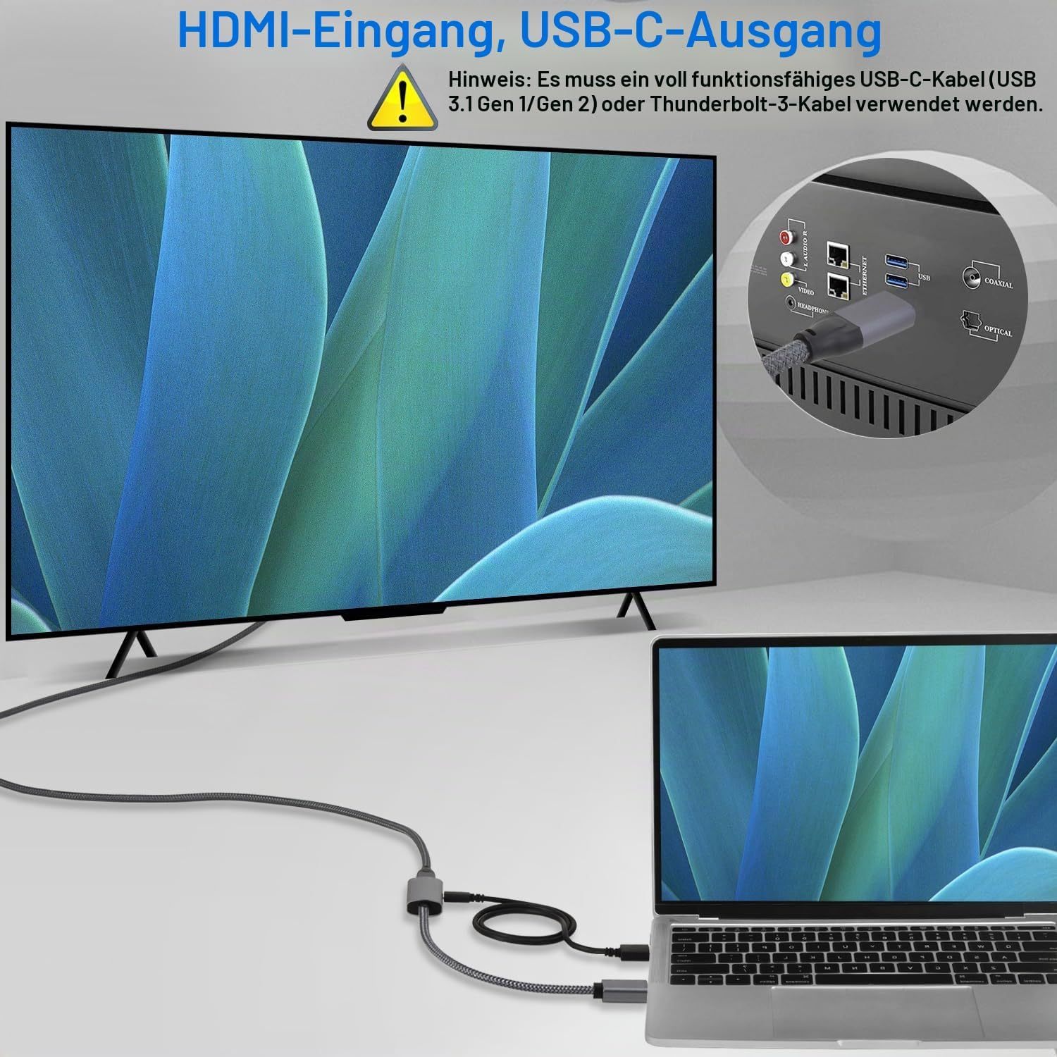HDMI Male to USB-C Female Cable Adapter with USB C Power Cable,Uni-Directional HDMI (source) to Type C 3.1 (display) Converter,4K 60Hz Thunderbolt 3 Adapter for MacBook Pro--UA30-B
