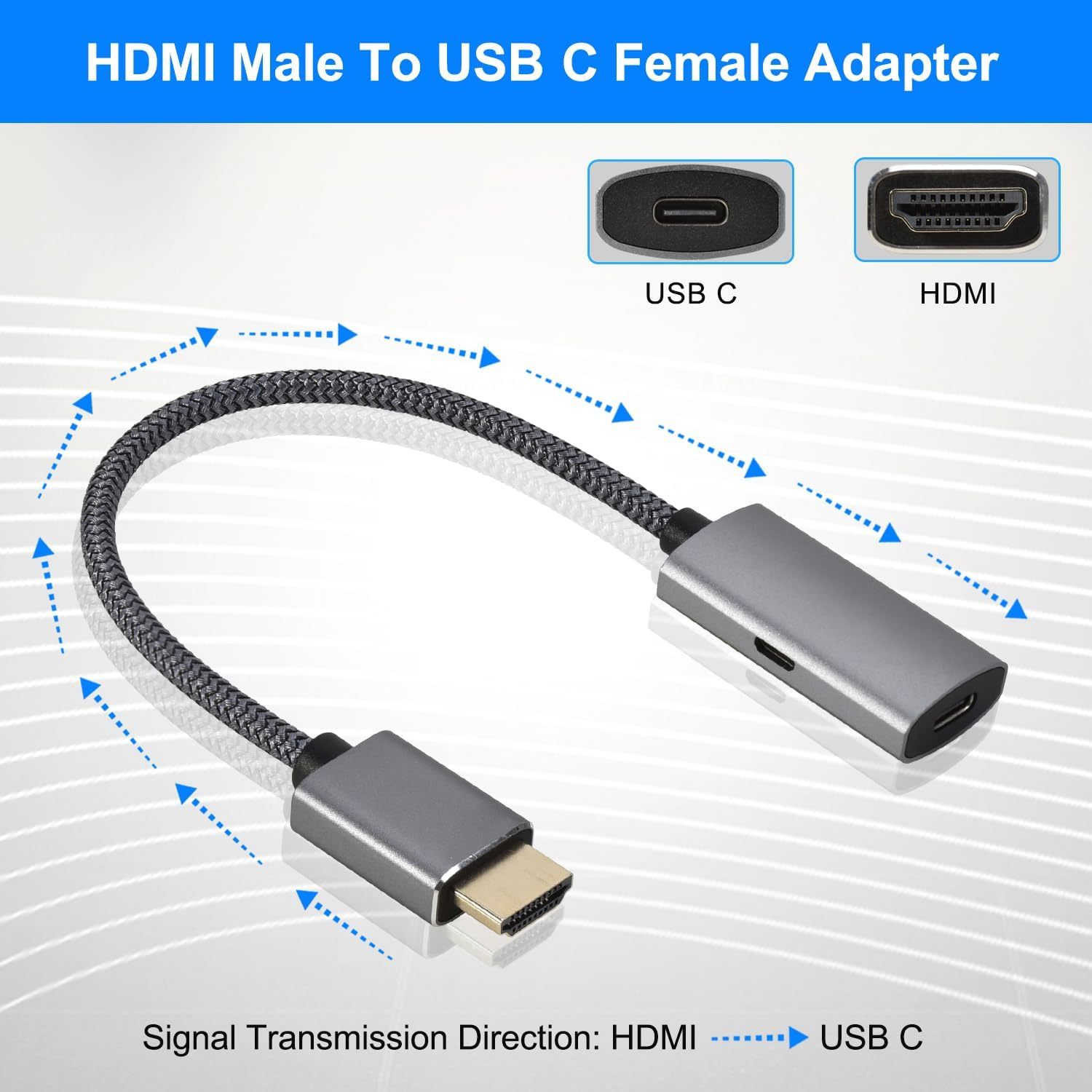 HDMI Male to USB-C Female Cable Adapter with USB C Power Cable,Uni-Directional HDMI (source) to Type C 3.1 (display) Converter,4K 60Hz Thunderbolt 3 Adapter for MacBook Pro--UA30-B
