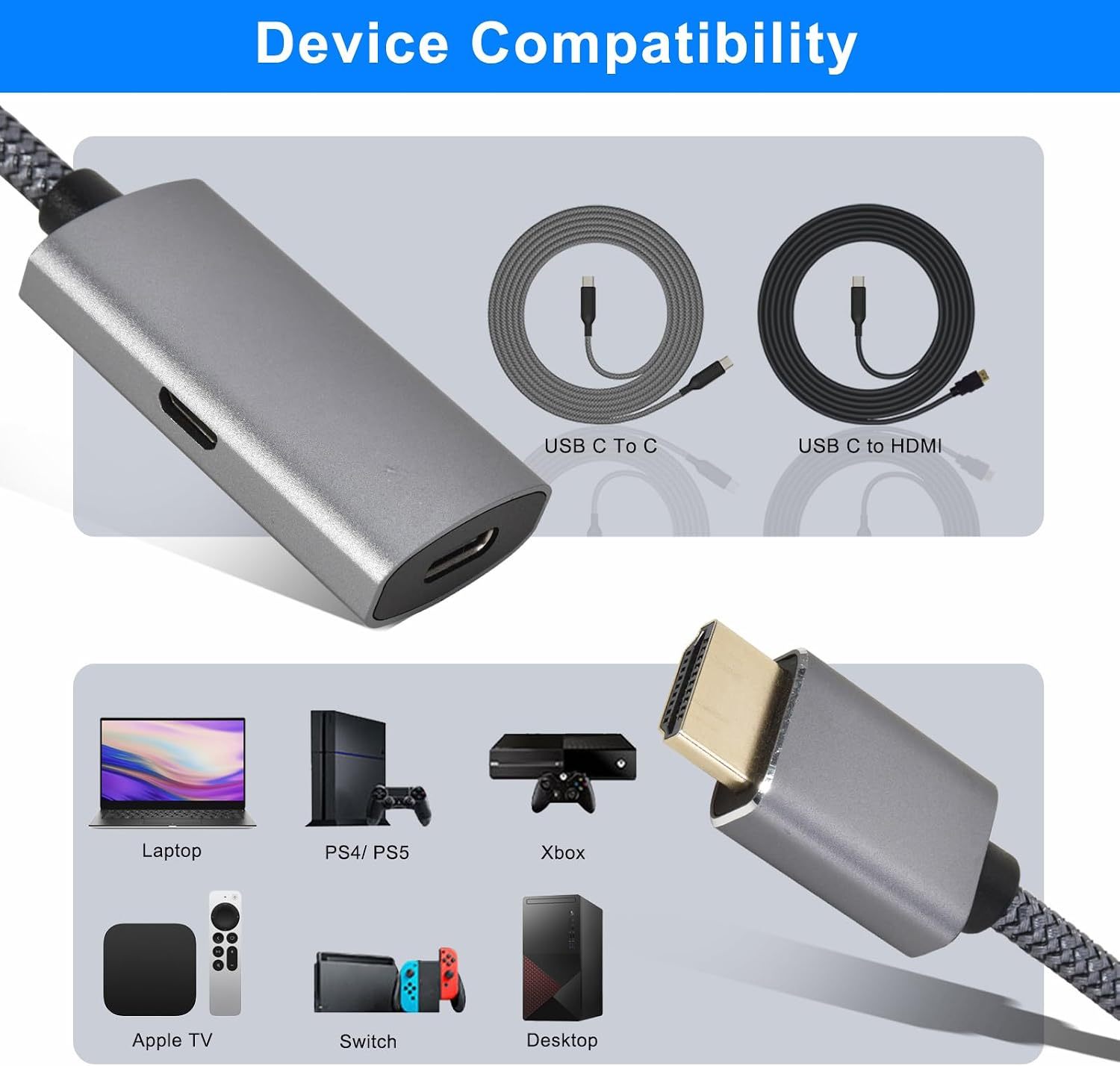 HDMI Male to USB-C Female Cable Adapter with USB C Power Cable,Uni-Directional HDMI (source) to Type C 3.1 (display) Converter,4K 60Hz Thunderbolt 3 Adapter for MacBook Pro--UA30-B