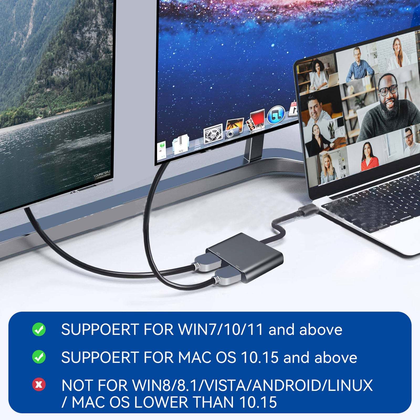 USB 3.0/USB-C to Dual HDMI Adapter （2 in 1）,USB 3.0 Hub with HDMI 1080P@60HZ for Laptop Monitor Desktop TV, Compatible with Mac OS, Windows-UH02AC(UH02)