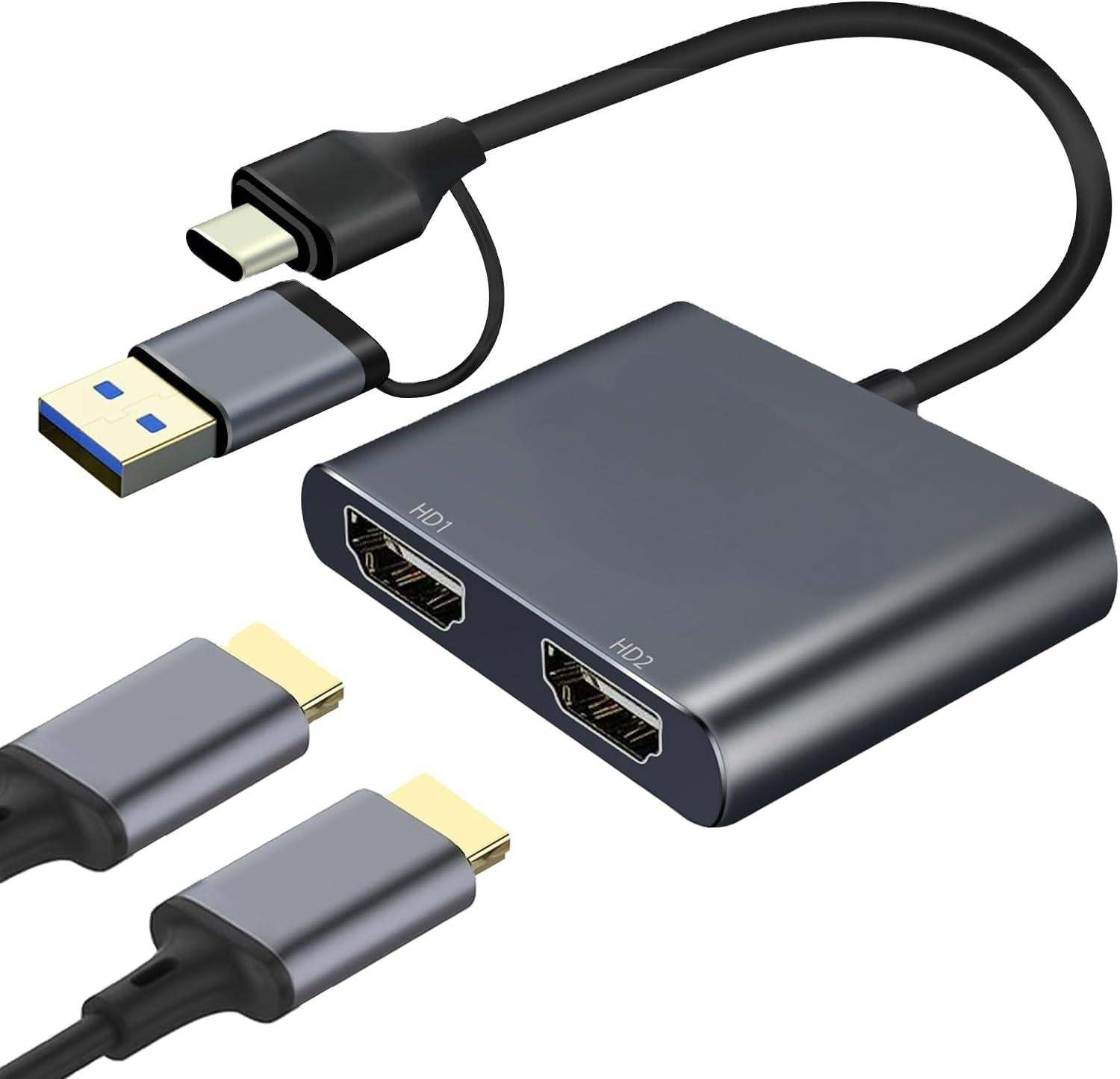 USB 3.0/USB-C to Dual HDMI Adapter （2 in 1）,USB 3.0 Hub with HDMI 1080P@60HZ for Laptop Monitor Desktop TV, Compatible with Mac OS, Windows-UH02AC(UH02)