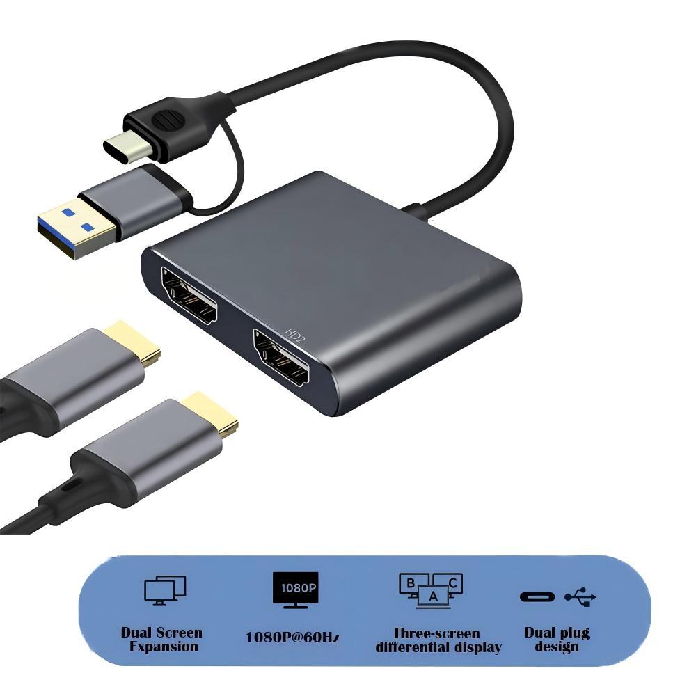 USB 3.0/USB-C to Dual HDMI Adapter （2 in 1）,USB 3.0 Hub with HDMI 1080P@60HZ for Laptop Monitor Desktop TV, Compatible with Mac OS, Windows-UH02AC(UH02)