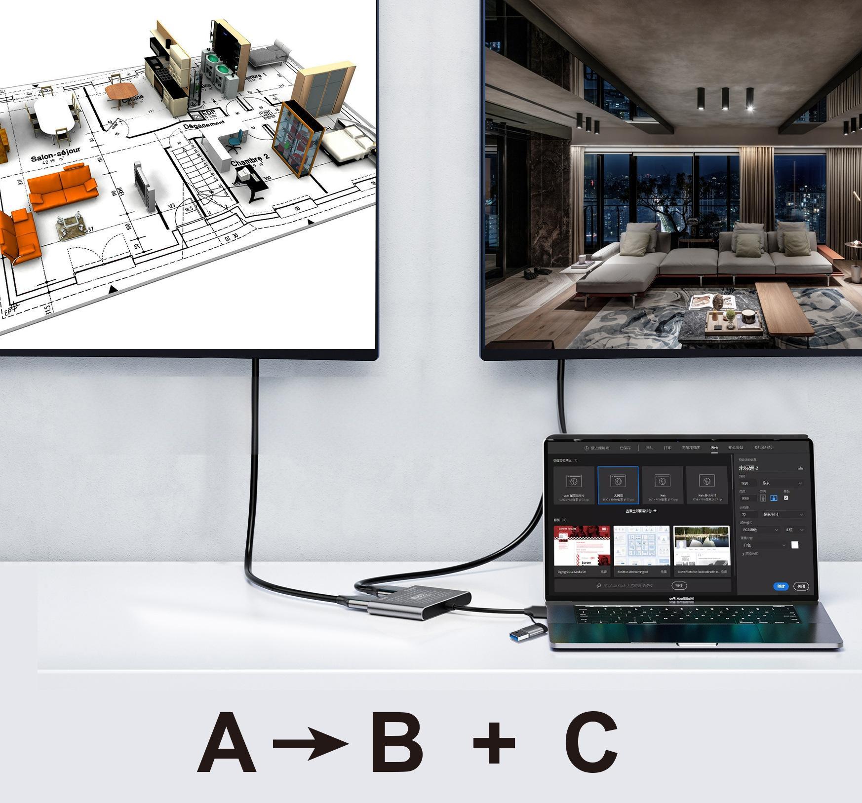 2 in 1 USB-A/C to Dual HDMI Adapter,1*4K@30Hz,1*1080P@60Hz HDMI Splitter Extended Display with Driver Support Mac OS/Windows HDMI Splitter for Dual Monitors MST Dual HDMI Adapter for 2 Monitors for MacBook/Dell/HP-UH02AC-1(UH02A-1))