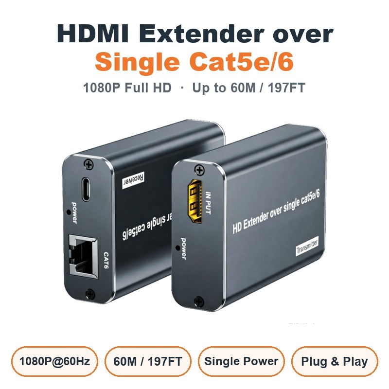 HDMI Extender Over Single Cat5e/6 Ethernet, 1080P@60Hz Full HD up to 60M/197FT,Plug & Play HDMI Transmitter & Receiver Kit with Single-Side 5V Power, with PC, laptop, Mac, PS4/PS5, Xbox, TVs and projectors-XH060IR