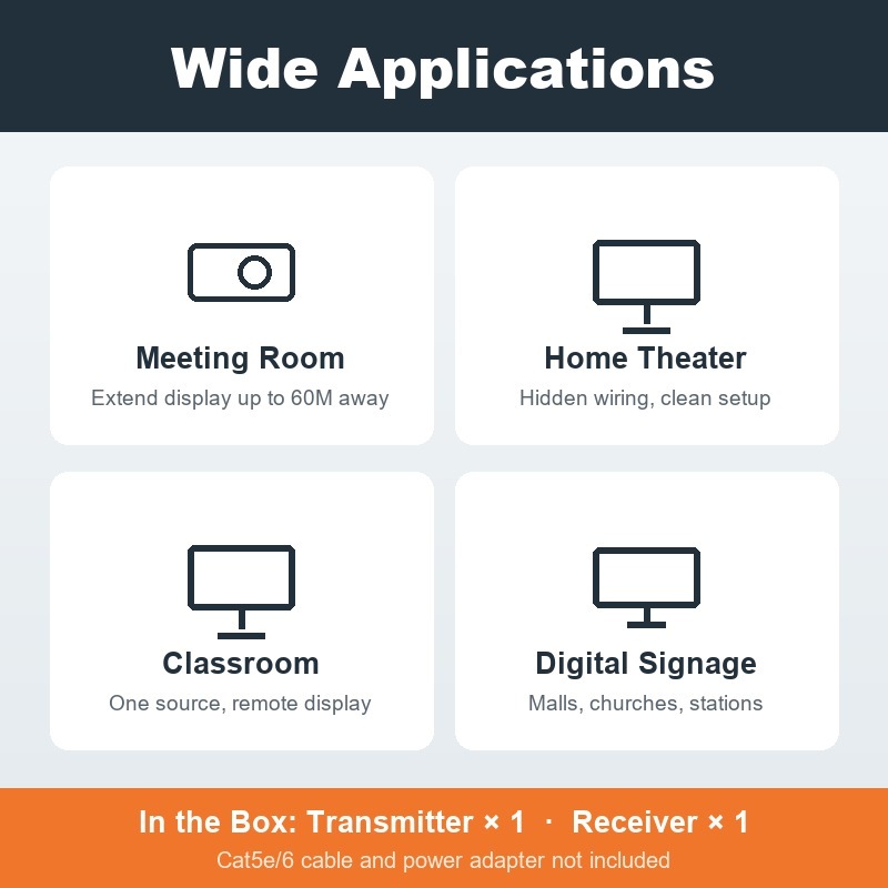 HDMI Extender Over Single Cat5e/6 Ethernet, 1080P@60Hz Full HD up to 60M/197FT,Plug & Play HDMI Transmitter & Receiver Kit with Single-Side 5V Power, with PC, laptop, Mac, PS4/PS5, Xbox, TVs and projectors-XH060IR