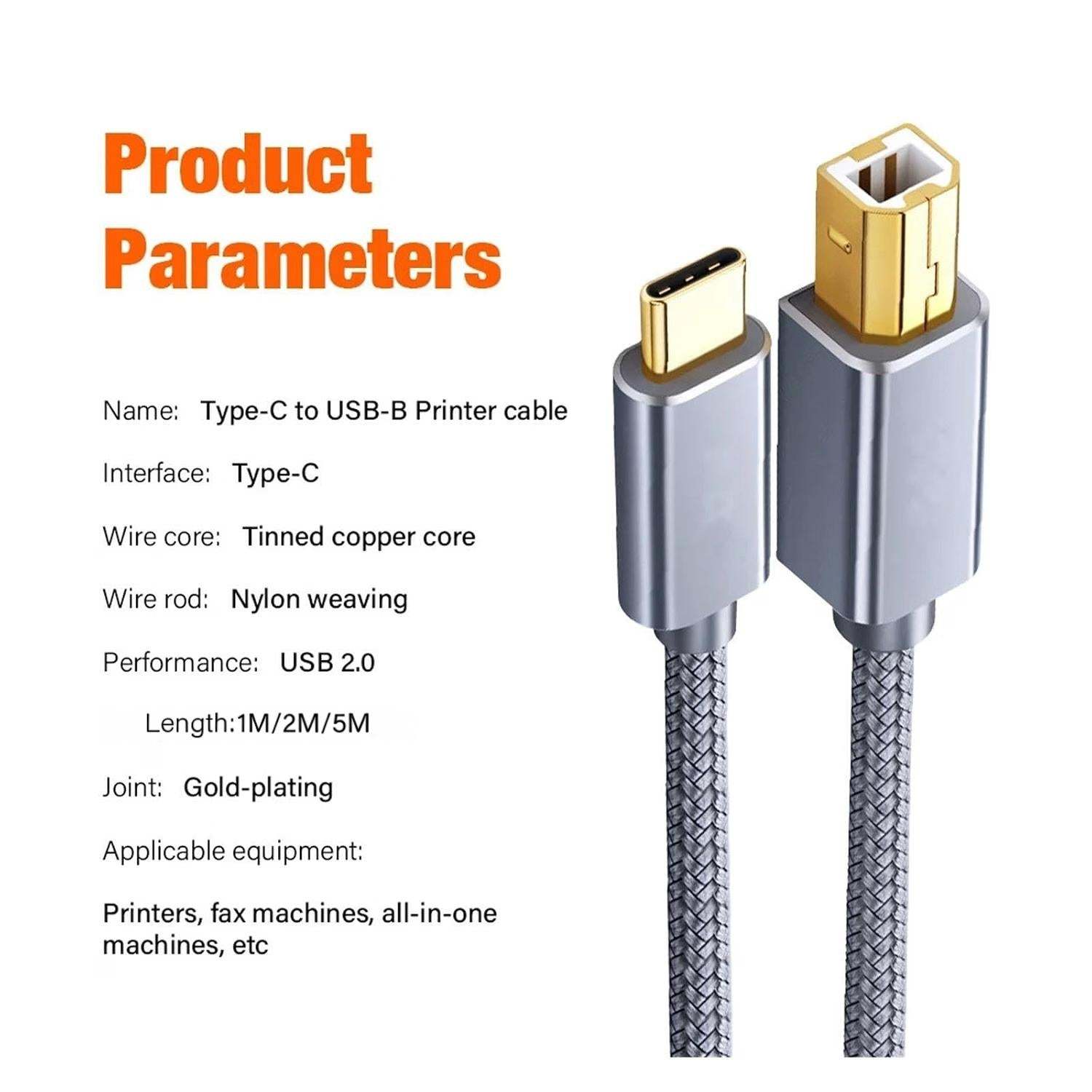 USB C to USB B Printer Cable, Nylon Braided Type C to MIDI Cable for MacBook Pro/Air, iPad Pro, Extra Reach for Yamaha Digital Piano, DJ Controller, HP/Epson Printer (Grey)-CC0035-A