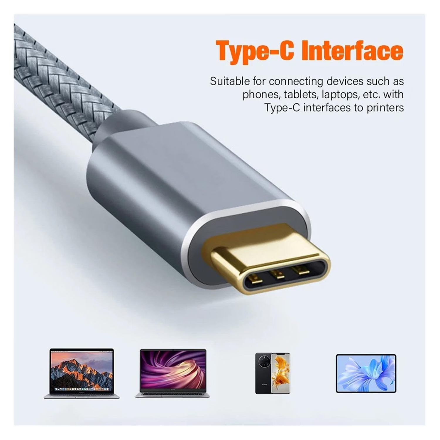 USB C to USB B Printer Cable, Nylon Braided Type C to MIDI Cable for MacBook Pro/Air, iPad Pro, Extra Reach for Yamaha Digital Piano, DJ Controller, HP/Epson Printer (Grey)-CC0035-A