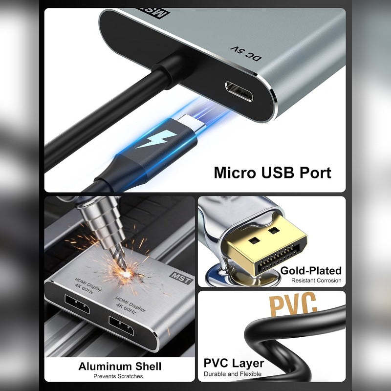 DisplayPort to Dual DisplayPort Splitter Adapter, 8K/4K@60Hz Display Port Splitter Extended Display for Dual Monitors, DP1.4 Splitter 1 in 2 Out, DisplayPort MST Hub for Desktop PC Laptop