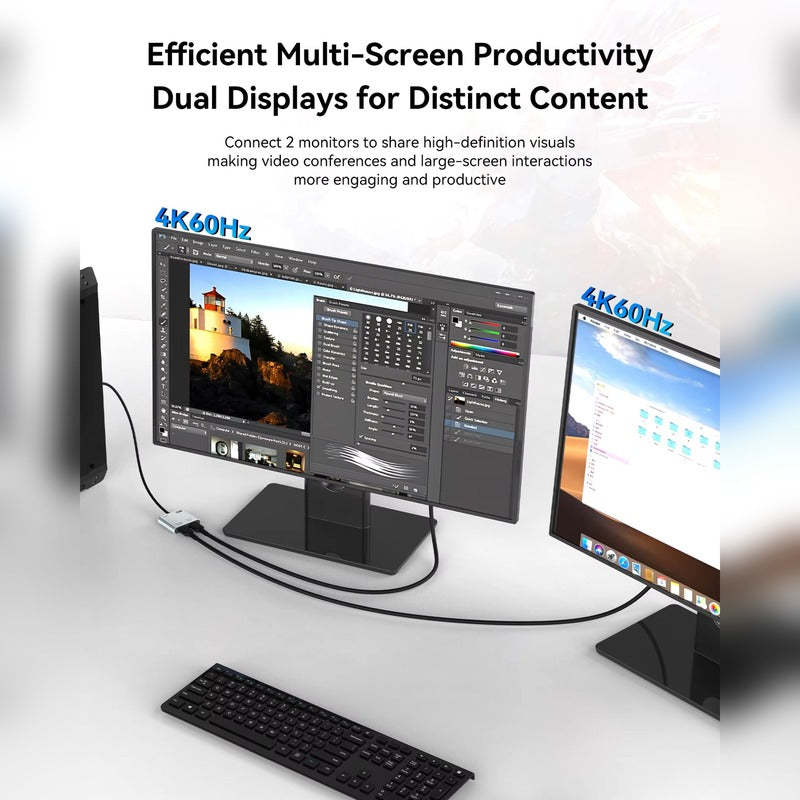DisplayPort to Dual DisplayPort Splitter Adapter, 8K/4K@60Hz Display Port Splitter Extended Display for Dual Monitors, DP1.4 Splitter 1 in 2 Out, DisplayPort MST Hub for Desktop PC Laptop