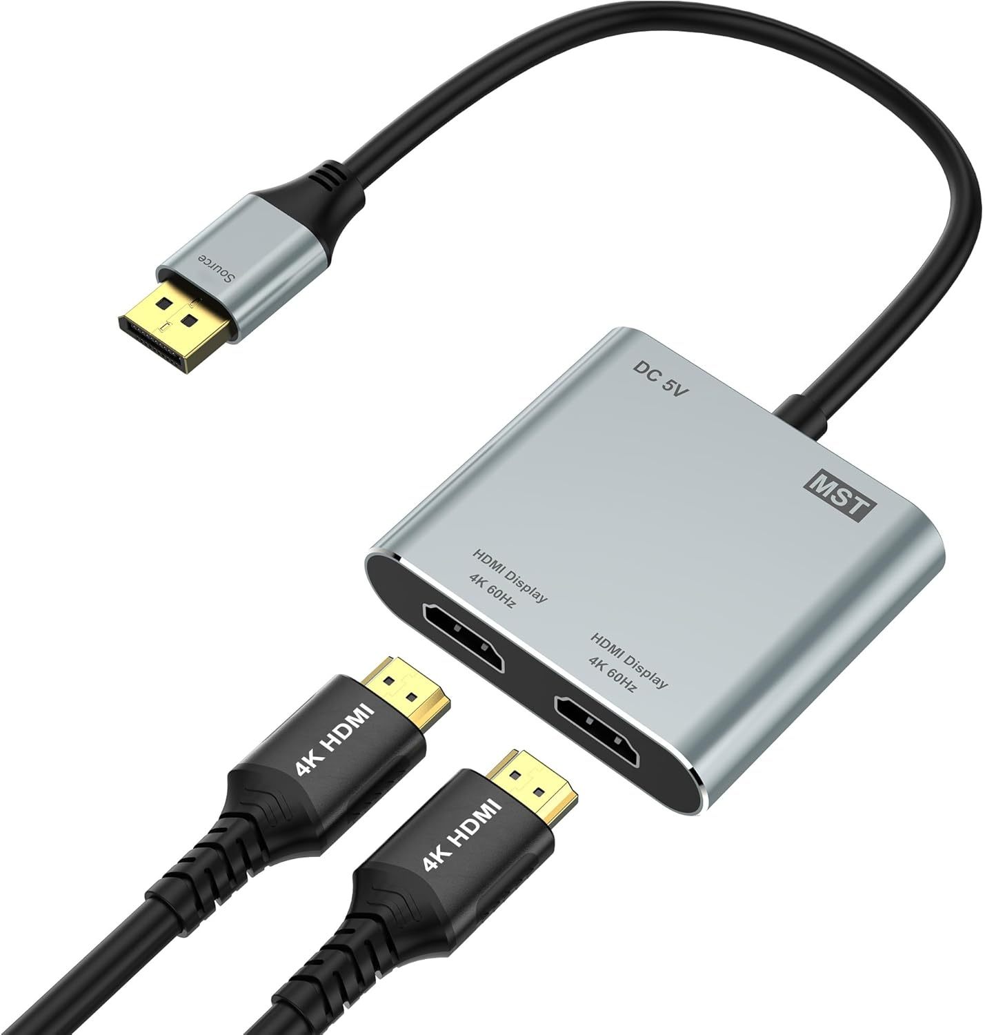 DisplayPort Male to Dual HDMI Female Splitter Adapter, 4K@60Hz HDMI Splitter Extended Display 1 in 2 Out MST Hub for Dual Monitors, Compatible with PC, NVIDIA, AMD Graphic Card
