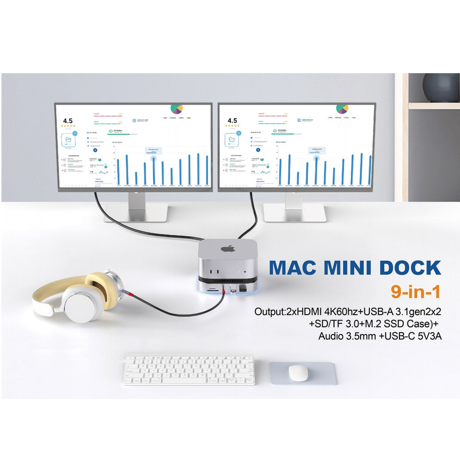 Mac Mini M4 Hub &amp; Stand with SSD Enclosure with&nbsp; 4K60Hz 2*HDMI, 10G 2*USB-A , USB-C 5V3A Charging, SD/TF 3.0, Audio 3.5mm – Mac mini M4 HUB &amp;Docking Station