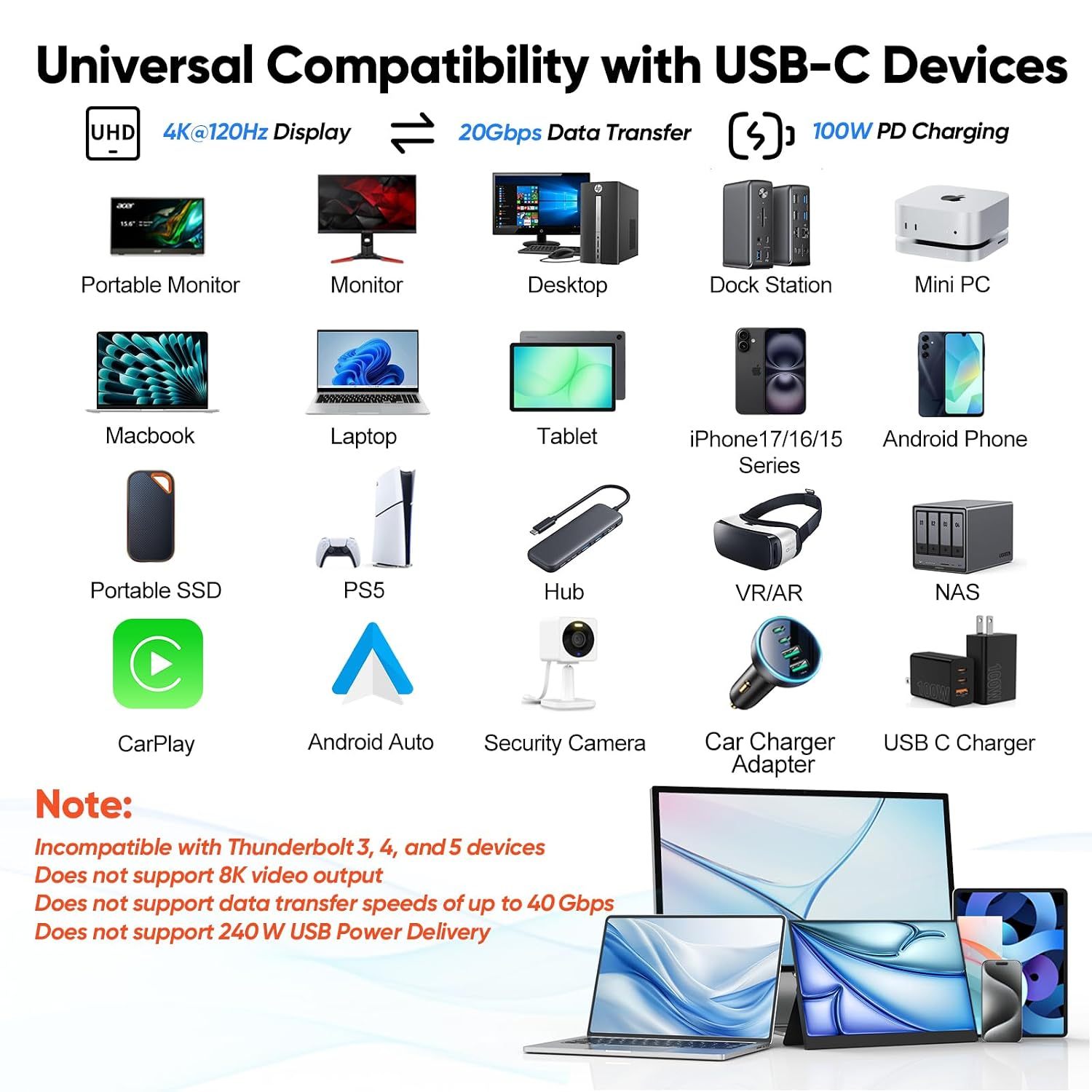 USB-C to USB-C 4k@60hz Cable, USB-C 3.2 Gen 2 20Gbps High Speed Transfer 100W Fast Charging Full Function Cord for Macbook Phone Monitor,Tablets, Laptops-CC0030-B