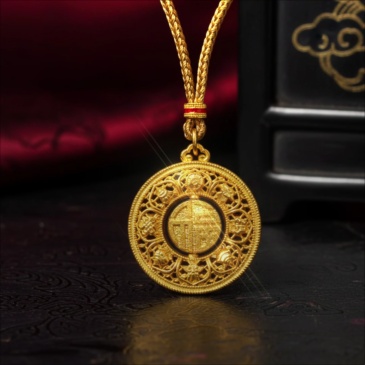 Lucky "Fu" Symbol Filigree Gold Pendant Necklace