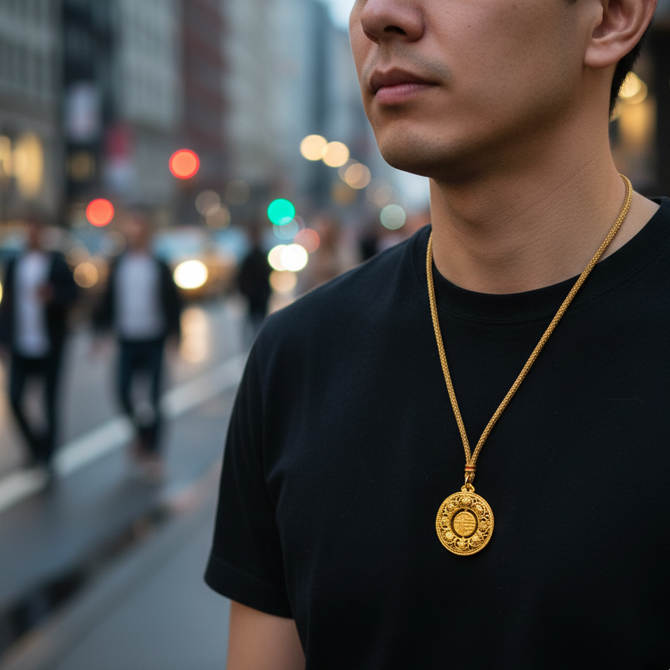 Lucky "Fu" Symbol Filigree Gold Pendant Necklace