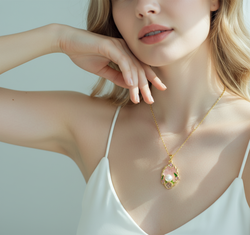 Vintage Floral Enamel & Pearl Golden Pendant Necklace