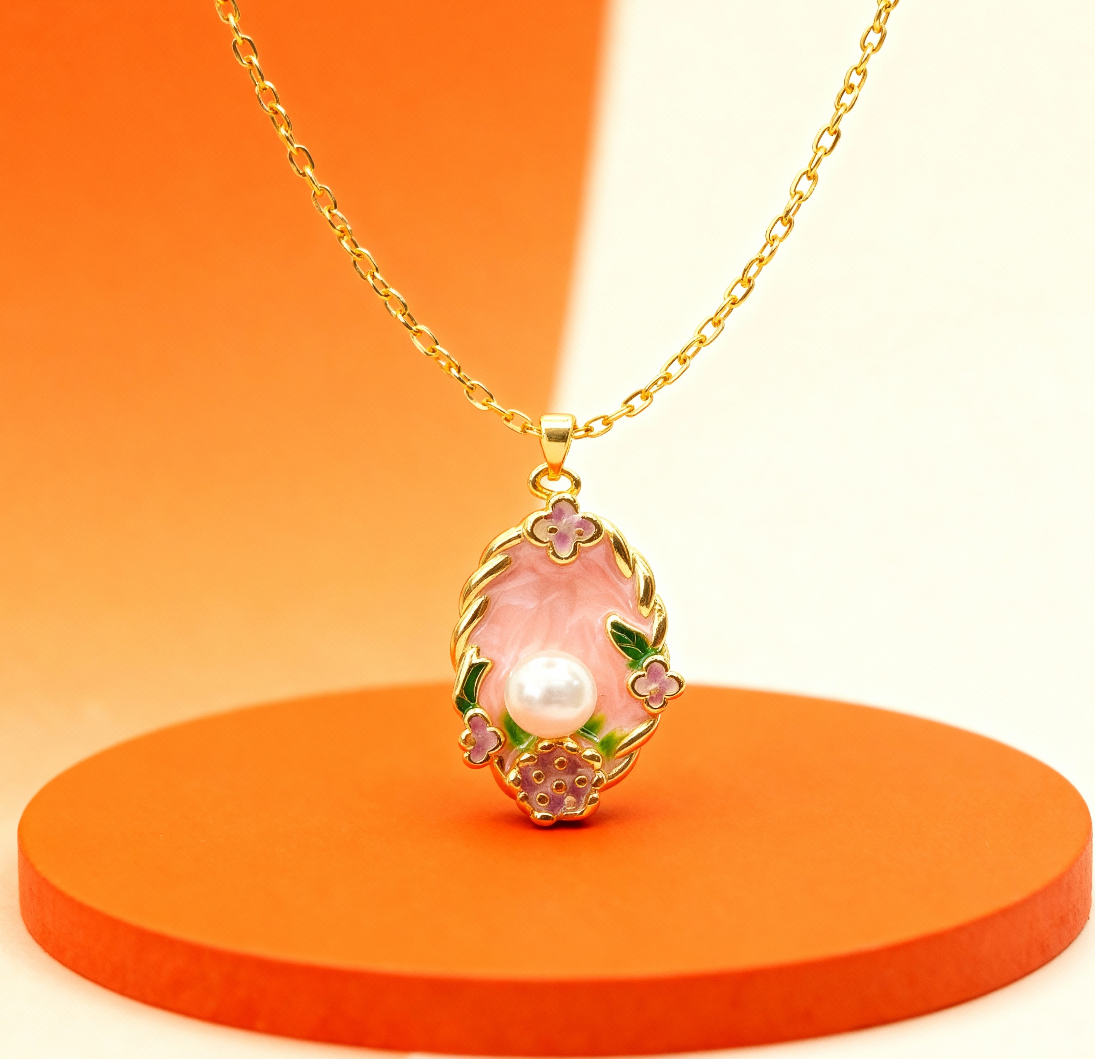 Vintage Floral Enamel & Pearl Golden Pendant Necklace