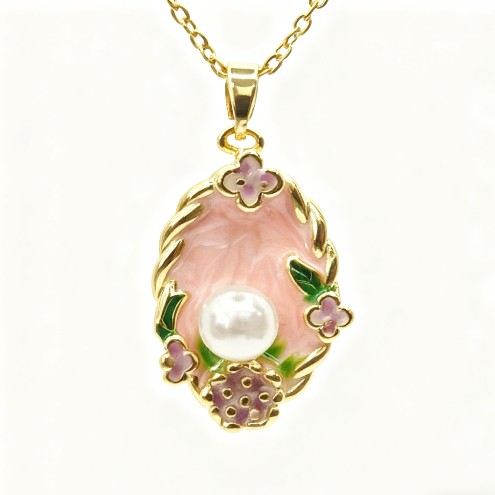 Vintage Floral Enamel & Pearl Golden Pendant Necklace