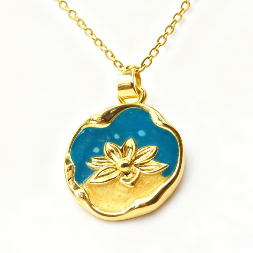Lotus Flower Enamel Gold Pendant Necklace