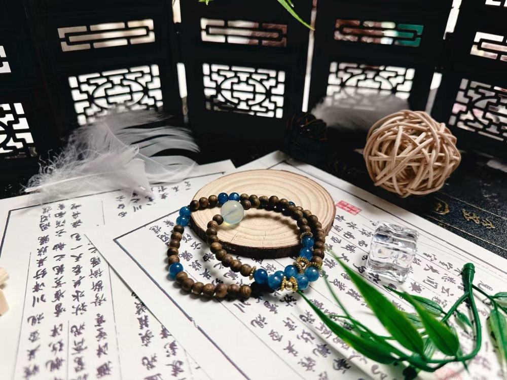 Double-Layer Zen Bracelet Set - Agarwood & Blue Crystal Beads