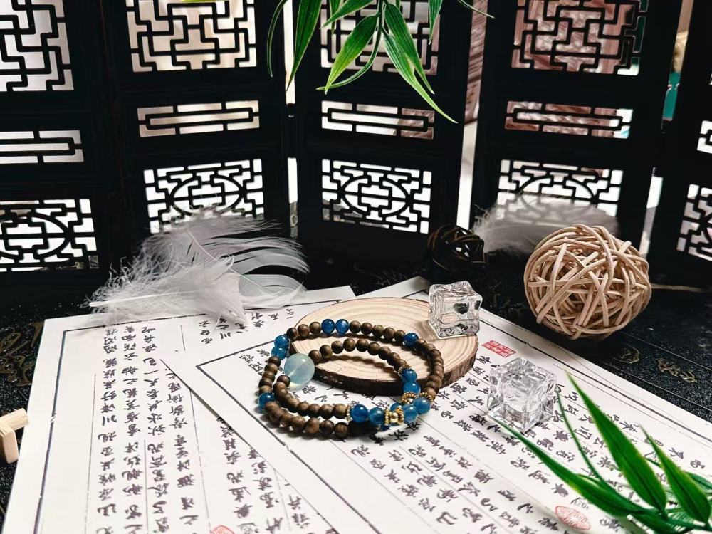 Double-Layer Zen Bracelet Set - Agarwood & Blue Crystal Beads
