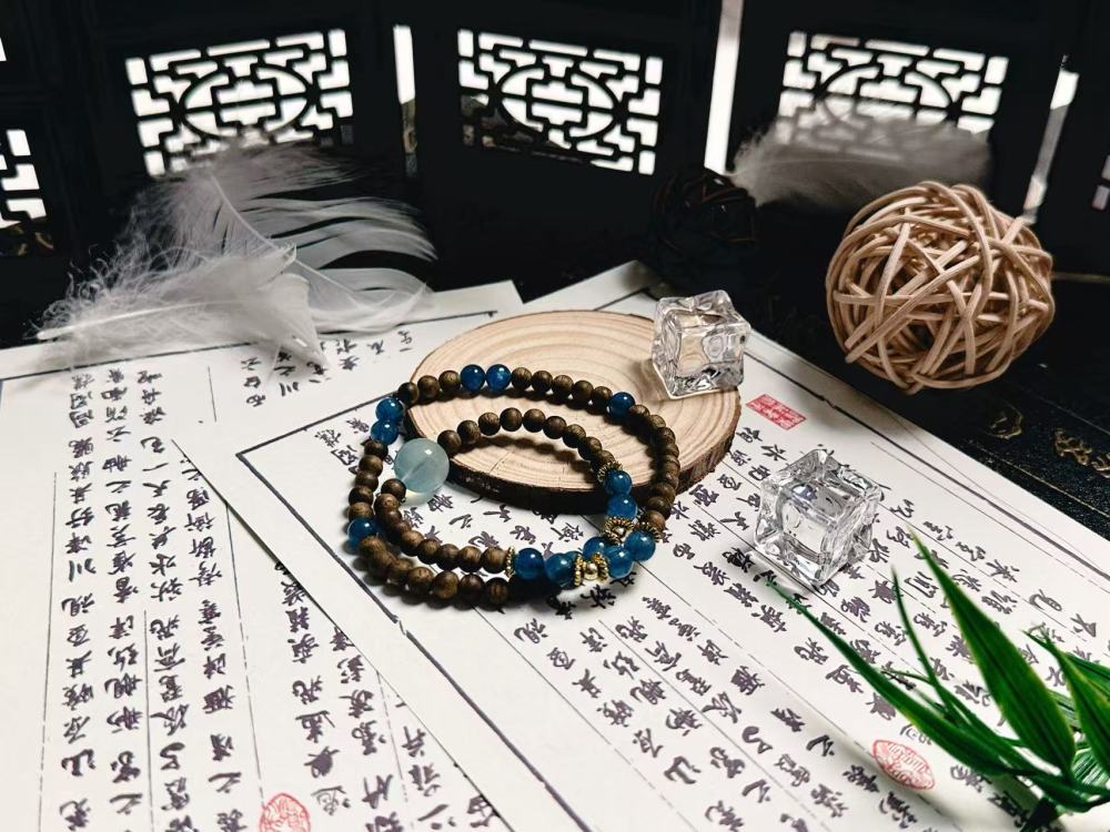 Double-Layer Zen Bracelet Set - Agarwood & Blue Crystal Beads