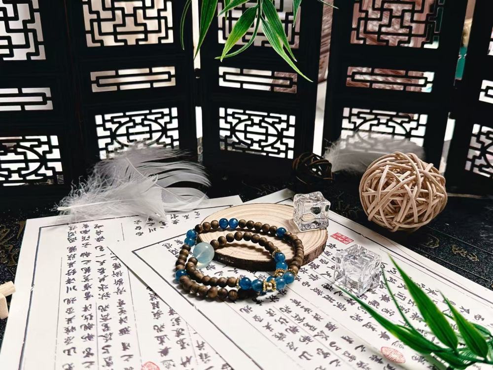 Double-Layer Zen Bracelet Set - Agarwood & Blue Crystal Beads