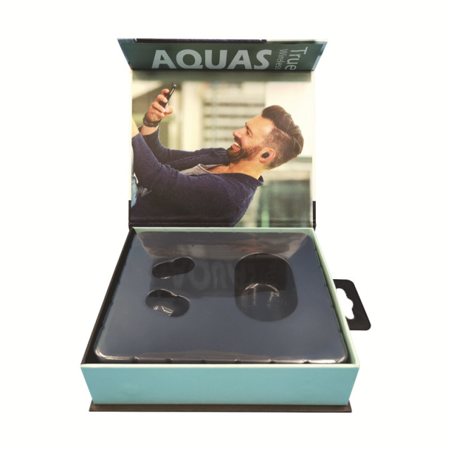 Bluetooth headset packaging box 1200g cardboard 157 double copper aircraft hanging hole blister flip headset box custom made
