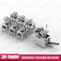 Máquina Contadora y Envasadora con Seis Alimentadores de Tazón y Transportador Elevador de Cangilones