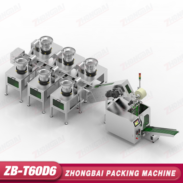 Máquina Contadora y Envasadora con Seis Alimentadores de Tazón y Transportador Elevador de Cangilones