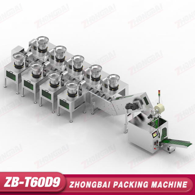 Máquina Contadora y Envasadora con Nueve Alimentadores de Tazón y Transportador Elevador de Cangilones