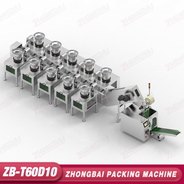 Máquina Contadora y Envasadora con Diez Alimentadores de Tazón y Transportador Elevador de Cangilones