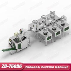 Máquina Contadora y Envasadora con Seis Alimentadores de Tazón y Transportador Elevador de Cangilones