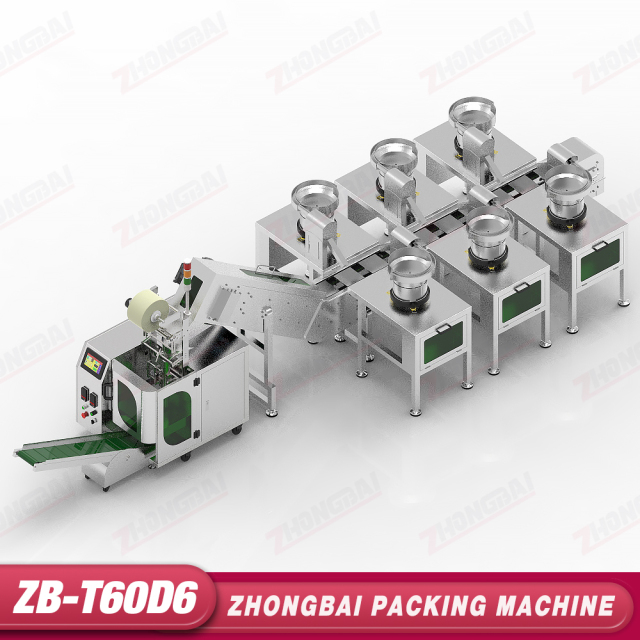 Máquina Contadora y Envasadora con Seis Alimentadores de Tazón y Transportador Elevador de Cangilones
