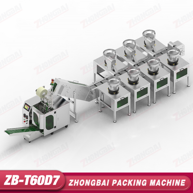 Máquina Contadora y Envasadora con Siete Alimentadores de Tazón y Transportador Elevador de Cangilones