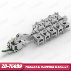 Máquina Contadora y Envasadora con Nueve Alimentadores de Tazón y Transportador Elevador de Cangilones