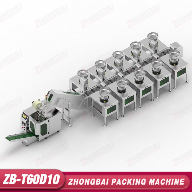 Máquina Contadora y Envasadora con Diez Alimentadores de Tazón y Transportador Elevador de Cangilones