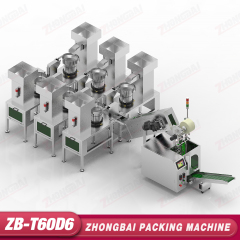 Máquina Contadora y Envasadora con Seis Alimentadores de Tazón y Transportador Elevador de Cangilones