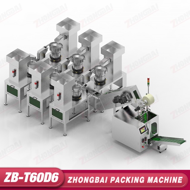 Máquina Contadora y Envasadora con Seis Alimentadores de Tazón y Transportador Elevador de Cangilones