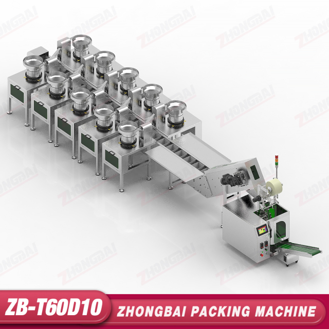 Máquina Contadora y Envasadora con Diez Alimentadores de Tazón y Transportador Elevador de Cangilones