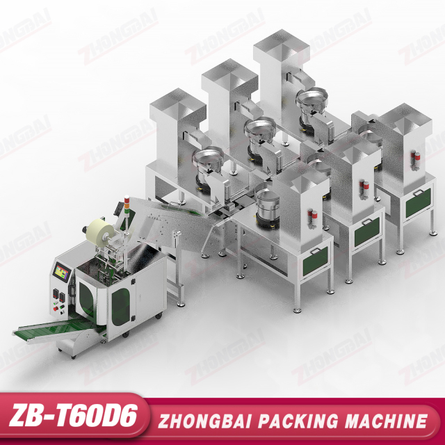 Máquina Contadora y Envasadora con Seis Alimentadores de Tazón y Transportador Elevador de Cangilones