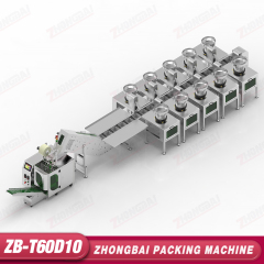 Máquina Contadora y Envasadora con Diez Alimentadores de Tazón y Transportador Elevador de Cangilones