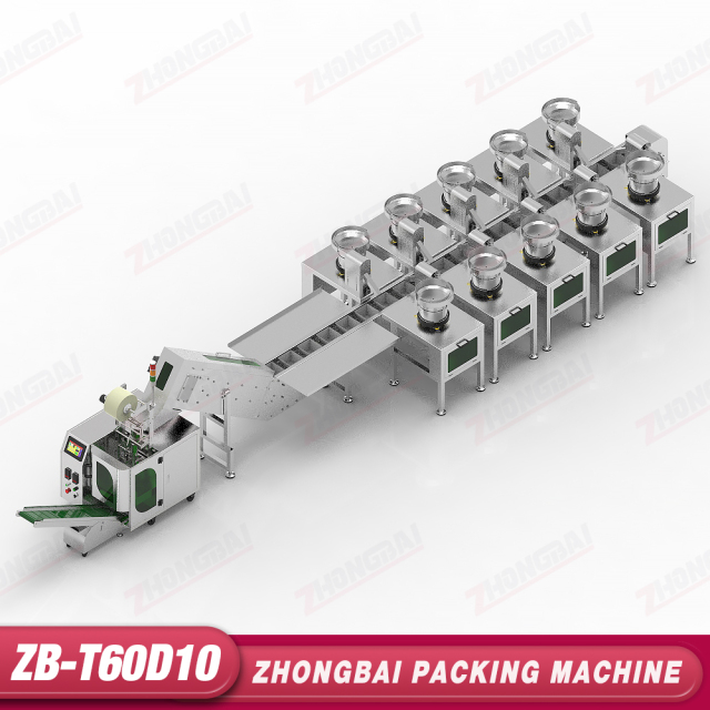 Máquina Contadora y Envasadora con Diez Alimentadores de Tazón y Transportador Elevador de Cangilones